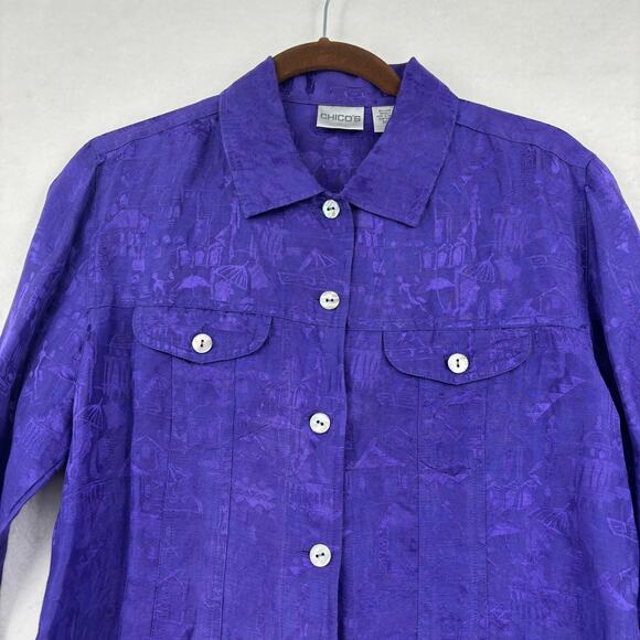 Chico's Blouse Top Womens Size M Purple Print Linen Silk Button Up Chest Pockets - Picture 2 of 9